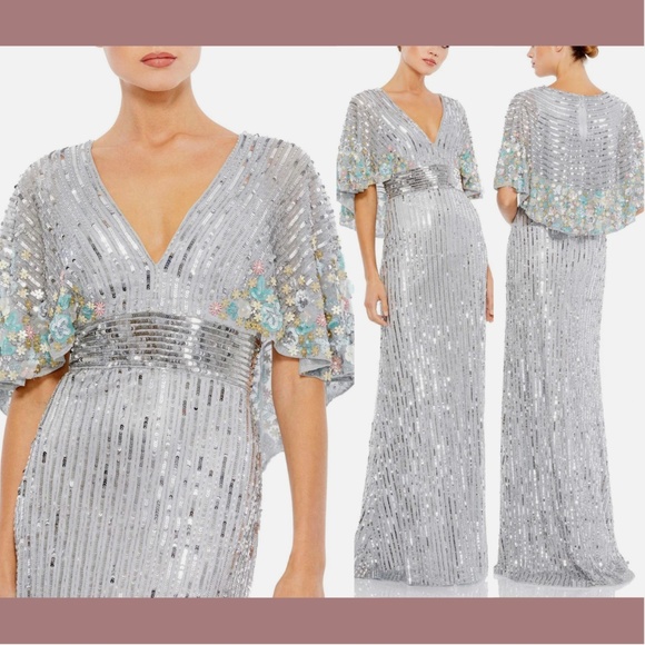 NWT $598 Mac Duggal [ 22 ] Sequined Floral Embellished Cape‎ Sleeve Gown Silver - Picture 1 of 16